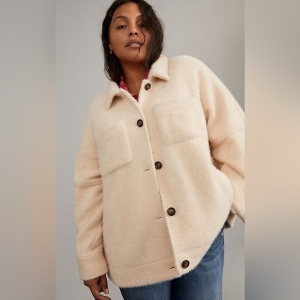 Greylin Anthro Style Oversized Shacket M Pink/Tan Eyelash Knit Minimalist Cozy